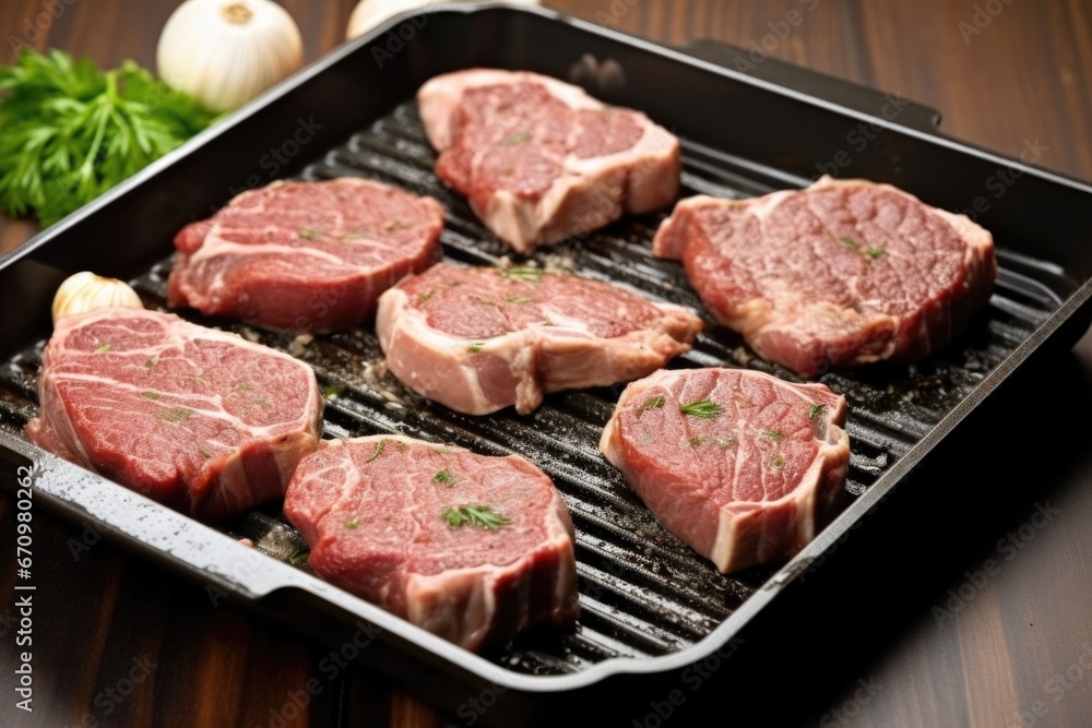 semi-cooked lamb chops featuring grill marks on a stovetop grill pan