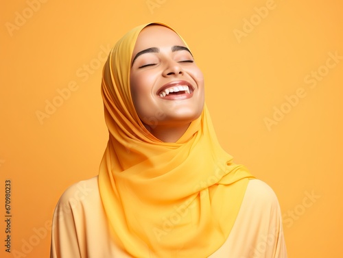illustration of muslim woman happy on a yellow background, Generative ai