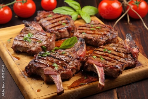 lamb chops with grill marks coated with a sticky glaze