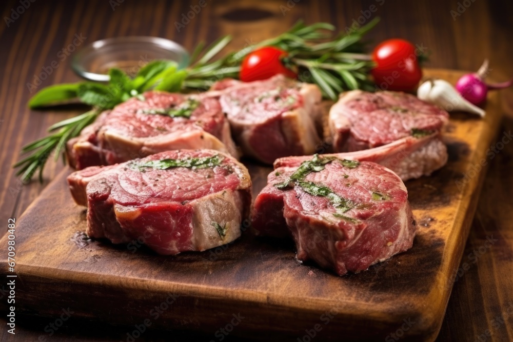 lamb chops showing grill marks on a rustic stone board