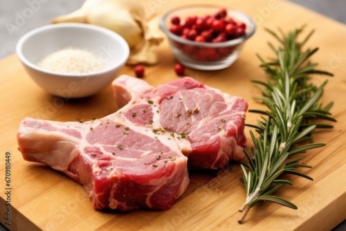 lamb chop with grill marks beside fresh rosemary on a kitchen counter
