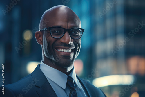 Smiling Afro American business man near business building.