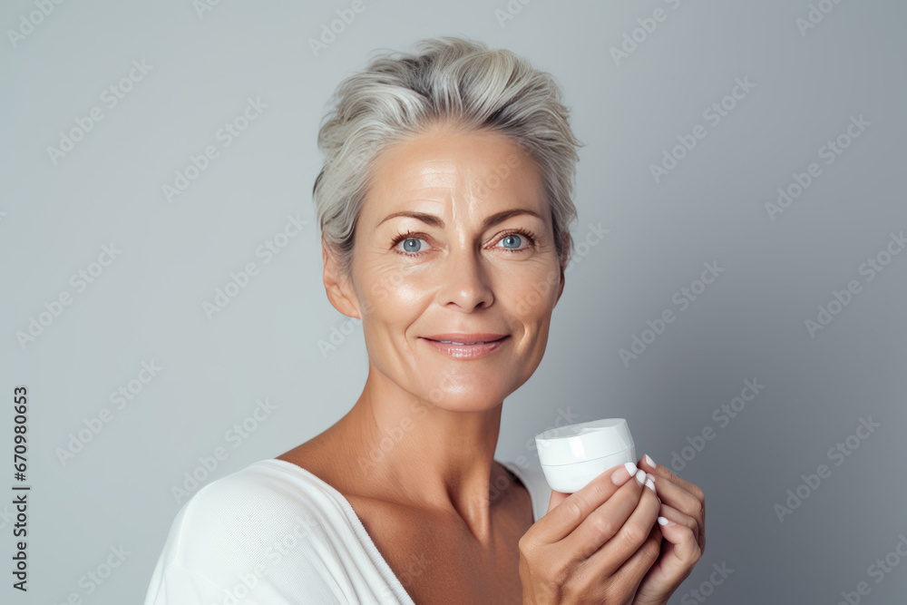 adult woman takes care of her skin, Beautiful woman with gray hair applies skin cream to her face, skin care, beauty and youthfulness of the skin of an adult woman adult woman takes care of her skin, Beautiful woman with gray hair applies skin cream to her face, skin care, beauty and youthfulness of the skin of an adult woman
