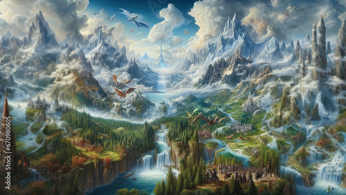 Fantasy Mountain Landscape with Dragons and Waterfalls - AI Generated Illustration
