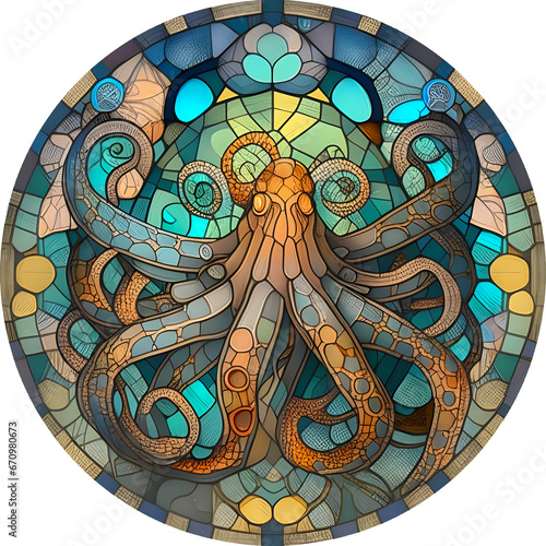 Octopus Stained Glass Round Composition 