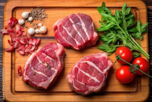 overhead shot of lamb chops with grill lines on a wooden chopping board
