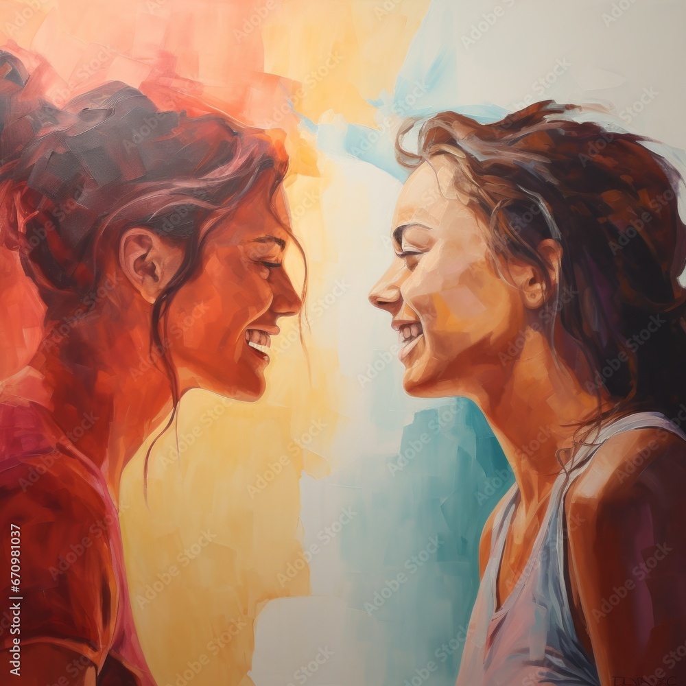 a painting of two women looking at each other