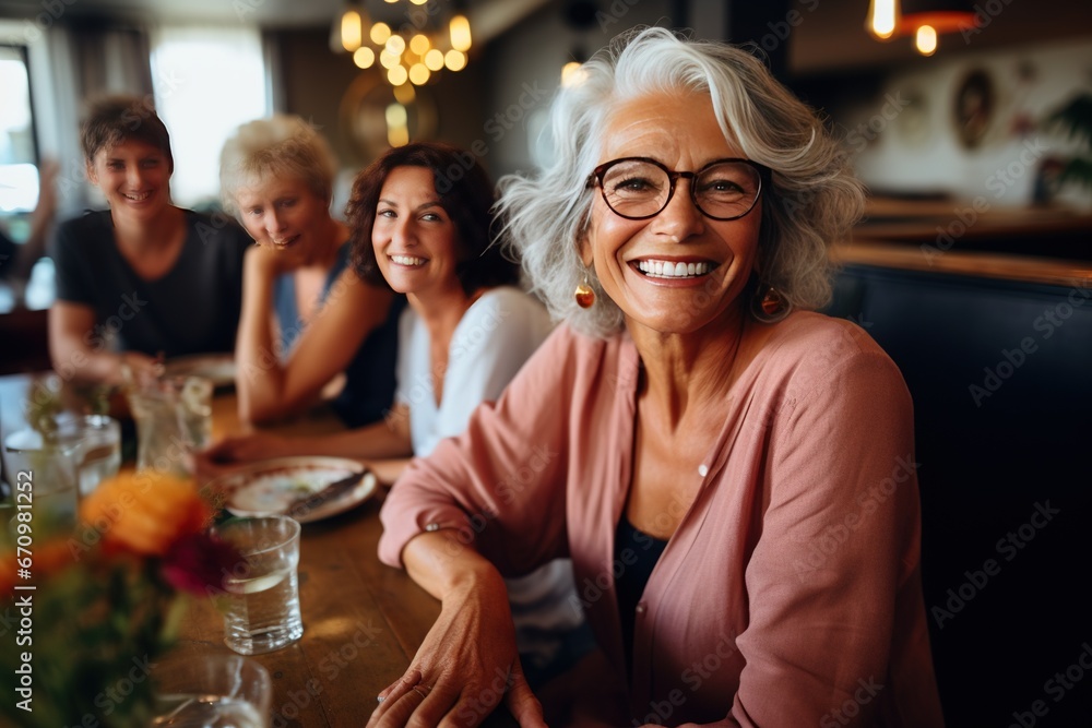 The senior Woman smiles and talks with a friend in the restaurant, Restaurant Reunion: Joyful Senior Smiles The senior Woman smiles and talks with a friend in the restaurant, Restaurant Reunion: Joyful Senior Smiles