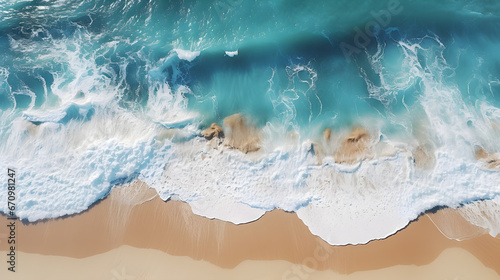 astonishing aerial top view background photo of ocean sea water white wave splashing at the beach, Drone photo backdrop of wave in bird eye, Generative AI