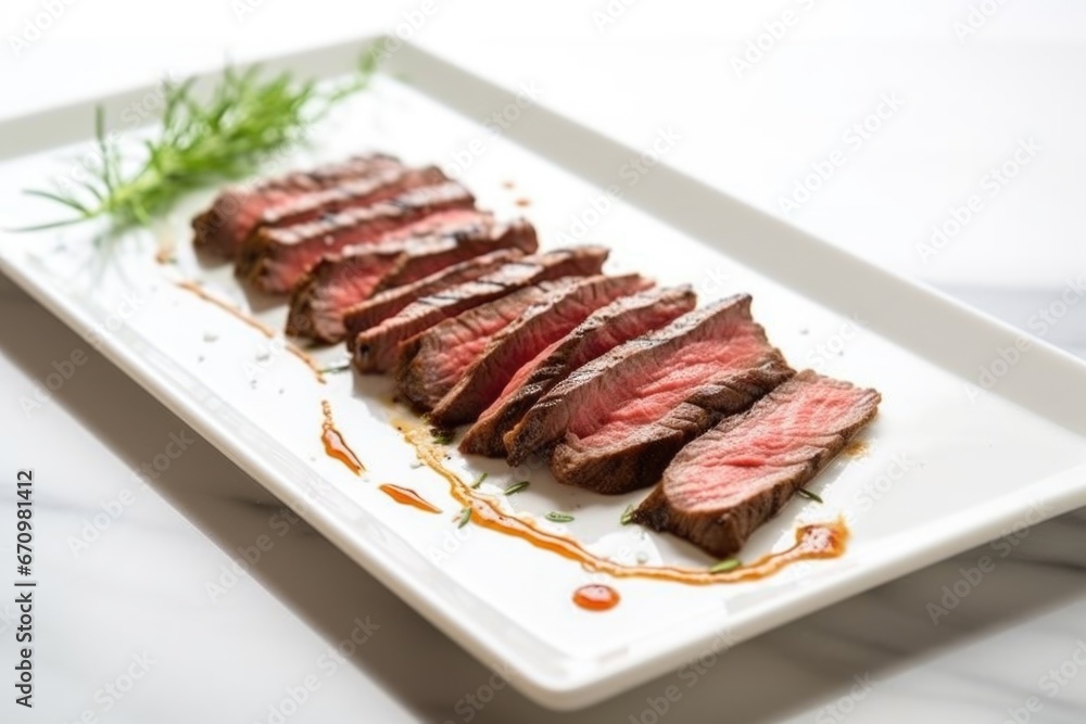 sliced grilled skirt steak on a white ceramic plate