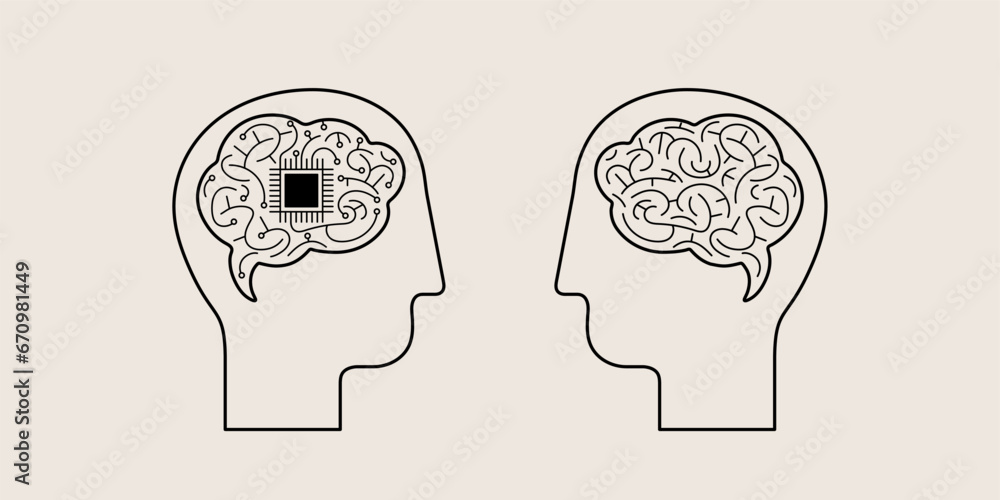 Human and robot head icon. Brain with a chip and motherboard. Comparing human and artificial mind. Line design, vector illustration