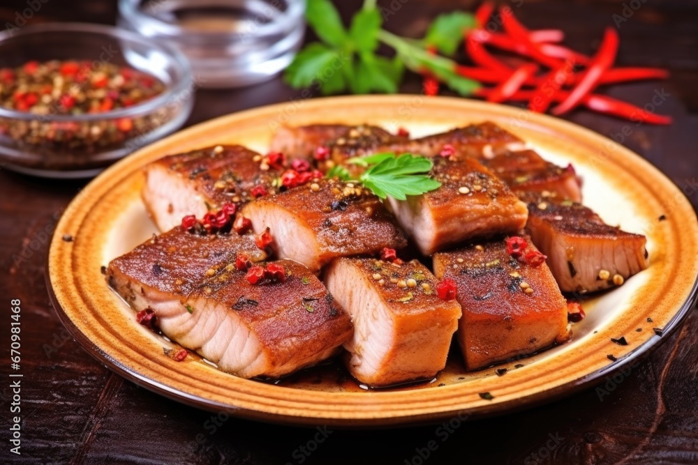 marinated pork belly slices spiced with peppercorns on a plate marinated pork belly slices spiced with peppercorns on a plate
