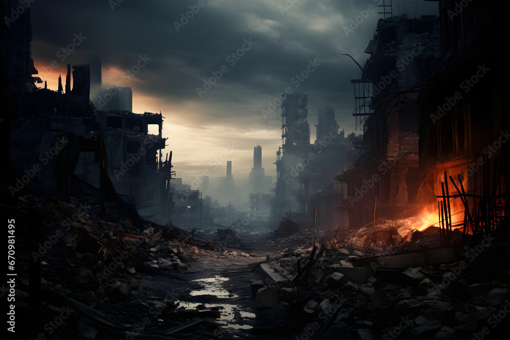 Devastated City with Burning Buildings and Humanity's Struggle in Dark, Foreboding Landscape
