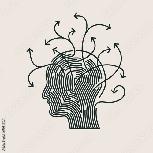 ADHD icon, line design, vector illustration. Attention deficit disorder, concentration problems concept. Human head with arrows going in different directions.