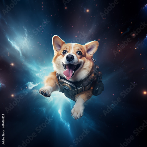 Cute happy corgi dog flying trought the space