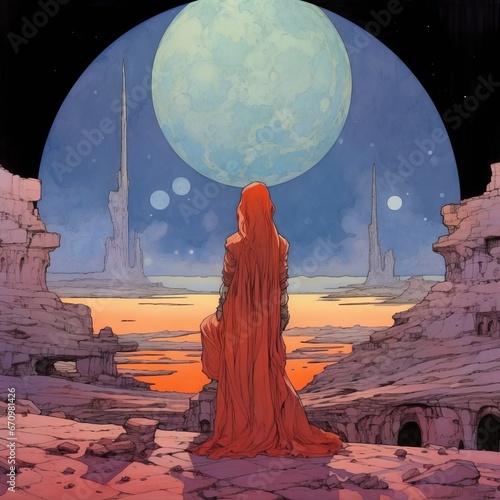a person in a red robe looking at a large moon
