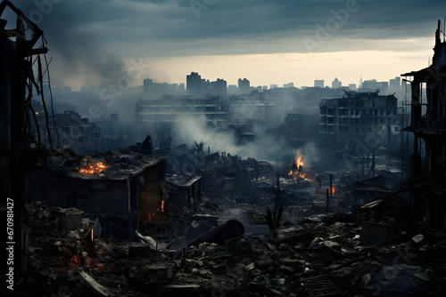 Devastated City with Burning Buildings and Humanity's Struggle in Dark, Foreboding Landscape