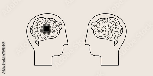 Human and robot head icon. Brain with a chip and motherboard. Comparing human and artificial mind. Line design, vector illustration
