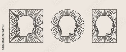 Human head icon with rays. Square  circle and rectangle design elements. Geometric line design  editable strokes.Vector illustration  EPS 10