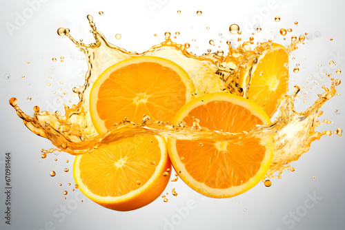 Vibrant Orange Juice Splash with Fresh Oranges Isolated on a Crisp White Background for a Refreshing Visual Delight