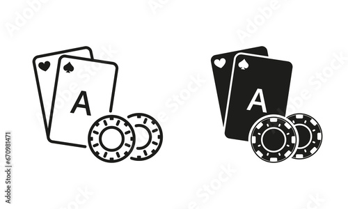 Play Card with Poker Chip, Casino Roulette in Vegas Line and Silhouette Black Icon Set. Gamble Game Symbol Collection. Lucky Gambling, Blackjack, Bridge, Poker Sign. Isolated Vector Illustration