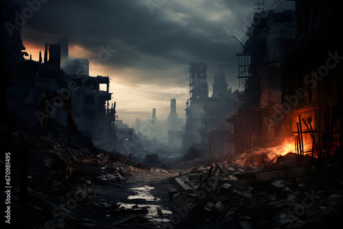 Devastated City with Burning Buildings and Humanity's Struggle in Dark, Foreboding Landscape