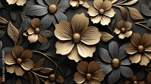 Beautiful seamless abstract color black and yellow flowers. Gold flower frame and brown leaves texture  dark background.