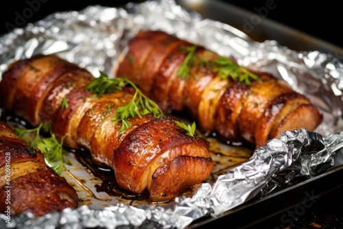 marinated pork belly slices wrapped in foil, ready for grilling