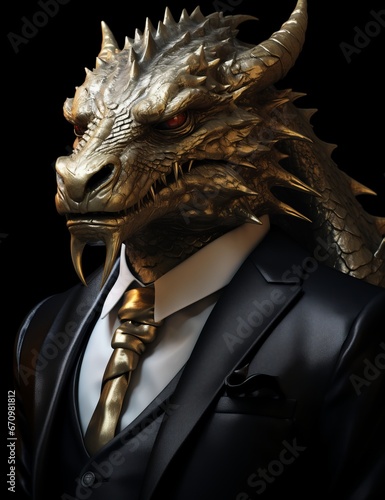 a person wearing a suit and a dragon head