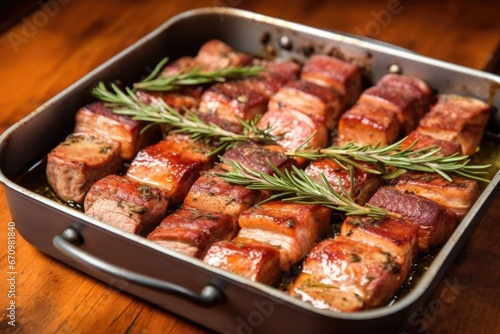 pork belly marinated with rosemary and thyme in a pan