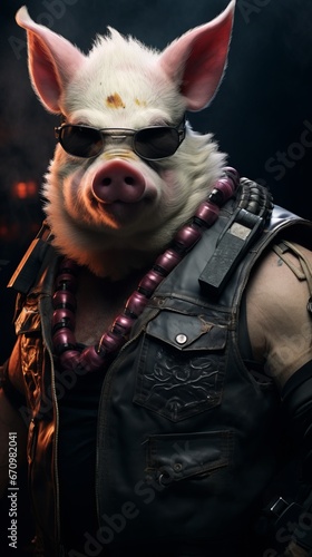 a pig wearing sunglasses and a vest