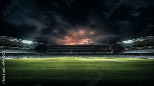 A striking high-definition photograph of a cricket stadium at night, where the floodlights illuminate the field, creating a dramatic contrast against the dark sky.