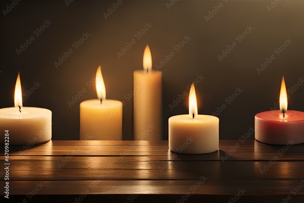 The warm radiance of lighted candles on a brown wooden table sets a serene and enchanting mood - AI Generative The warm radiance of lighted candles on a brown wooden table sets a serene and enchanting mood - AI Generative