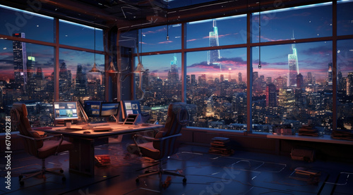 City modern office, large floor to ceiling windows in front of the city night view.