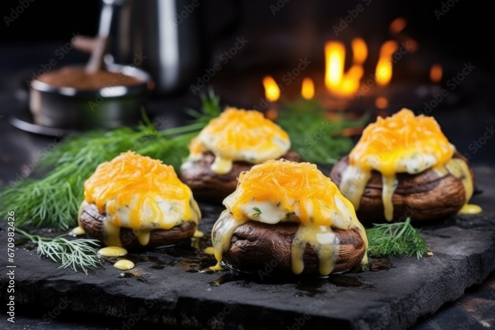 stuffed puffball mushrooms with melted colby cheese on stone slab