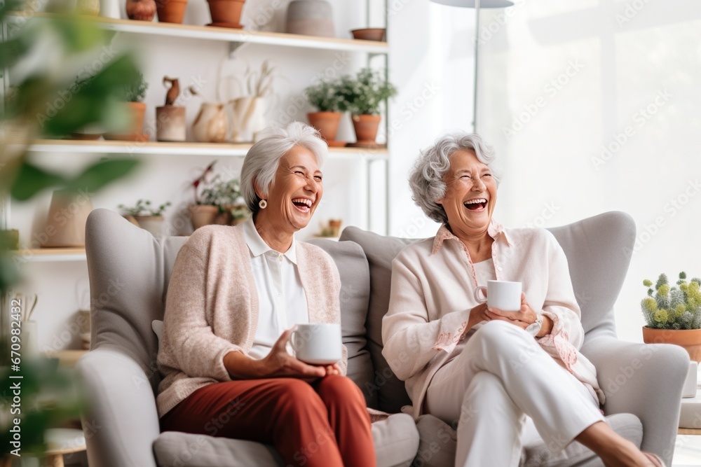 Obraz premium The senior Woman smiles and talks with a friend on sofa in the living room,Comfortable Talks: Elderly Friendship