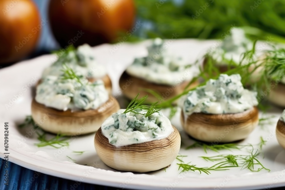 close-up view of baby bella mushrooms filled with gorgonzola