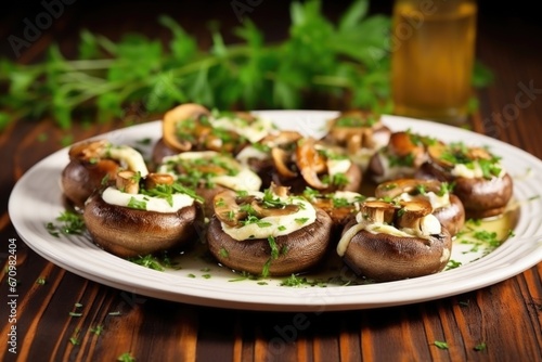 cheese-filled mushrooms garnished with fresh herbs on a plate