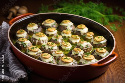 oven dish of shimeji mushrooms topped with molten jarlsberg