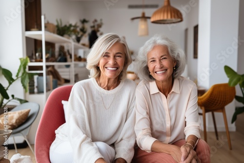 The senior Woman smiles and talks with a friend on sofa in the living room,Comfortable Talks: Elderly Friendship