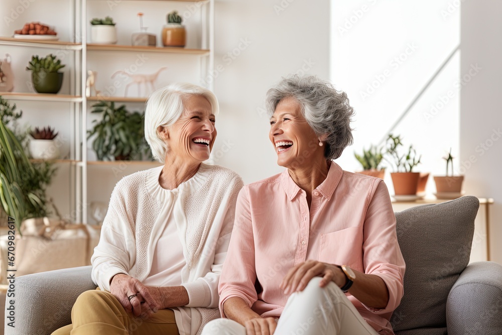 The senior Woman smiles and talks with a friend on sofa in the living room,Comfortable Talks: Elderly Friendship The senior Woman smiles and talks with a friend on sofa in the living room,Comfortable Talks: Elderly Friendship
