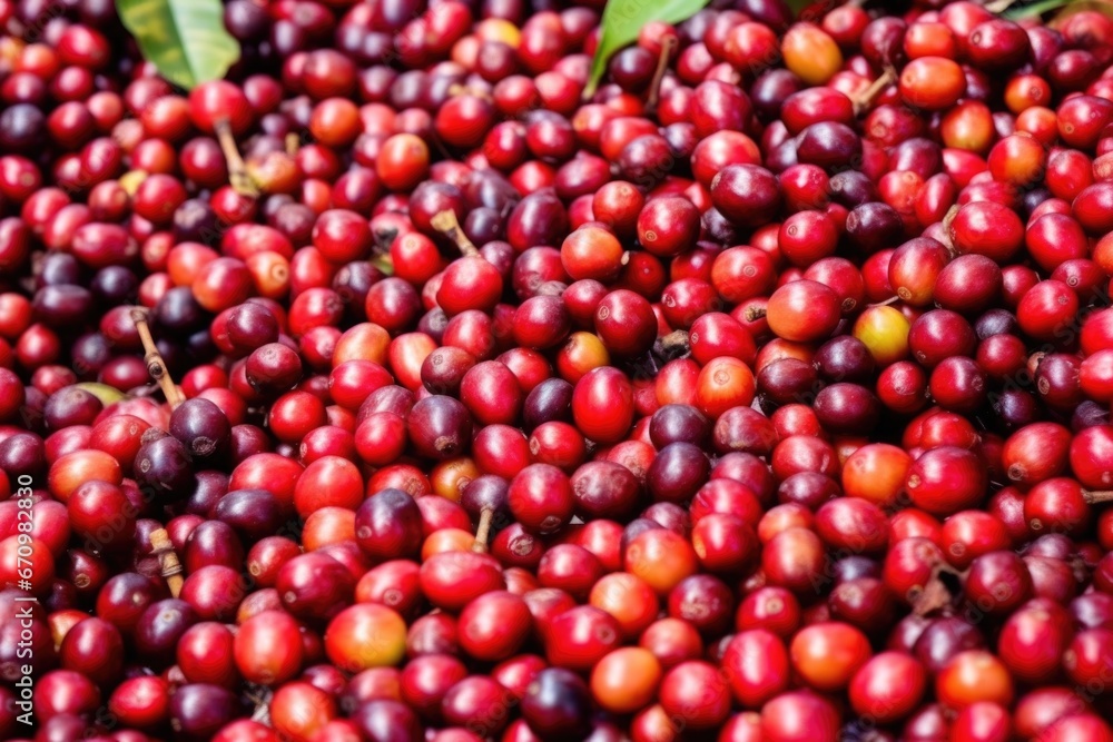 high angle shot of coffee berries ready for harvesting high angle shot of coffee berries ready for harvesting