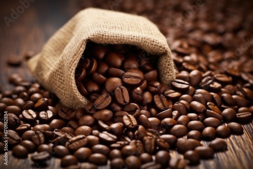 macro shot of coffee beans in a burlap sack © primopiano