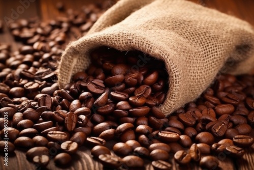 macro shot of coffee beans in a burlap sack © primopiano