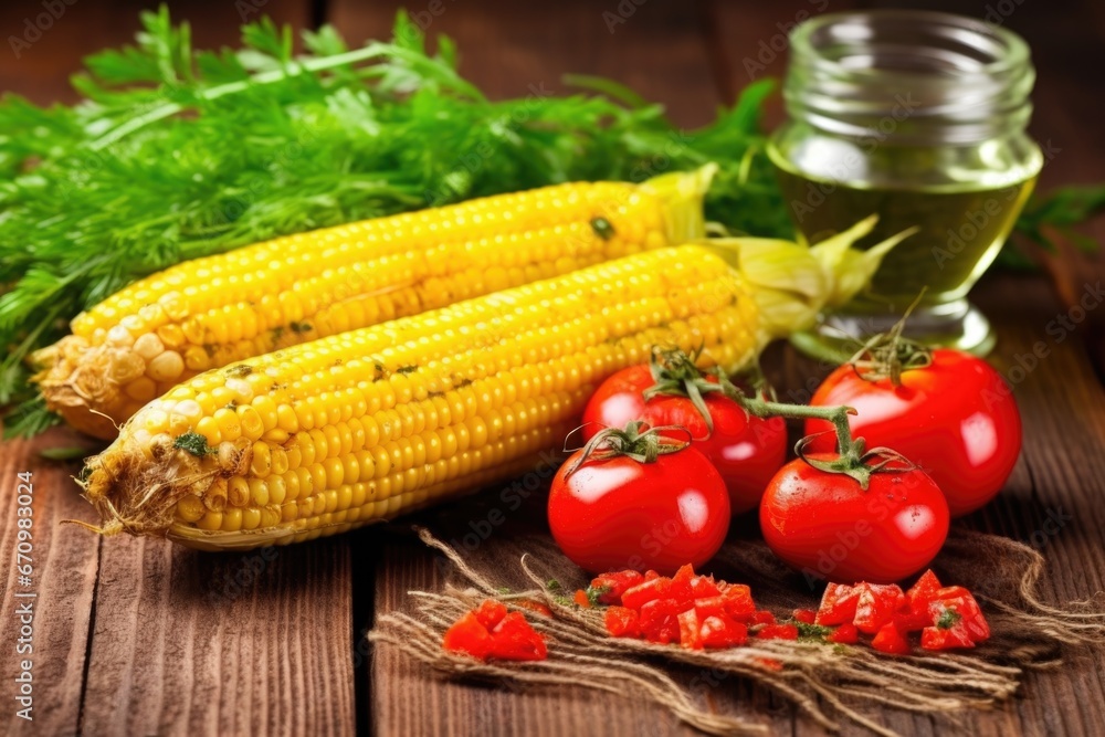 grilled corn on the cob placed on a rustic wooden table grilled corn on the cob placed on a rustic wooden table