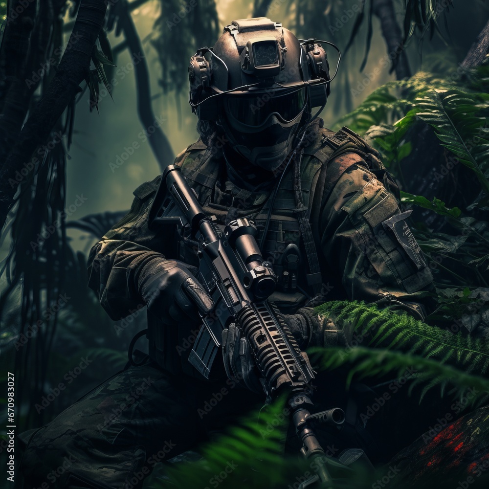 a soldier in a forest with a gun