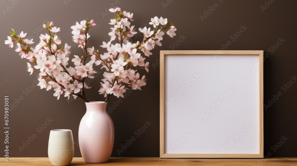 Wooden frame mockup on a desk with vases with flowers. Dark background. Generative AI Wooden frame mockup on a desk with vases with flowers. Dark background. Generative AI