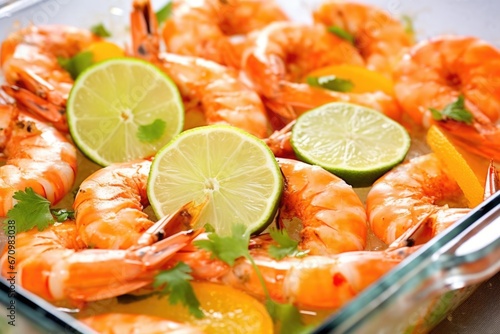 close-up view of cooked prawns served with lime wedges