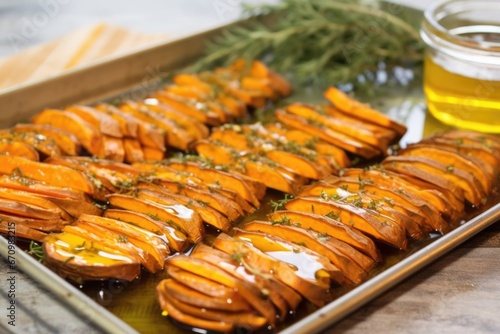 sliced grilled sweet potatoes spread across a marble tray