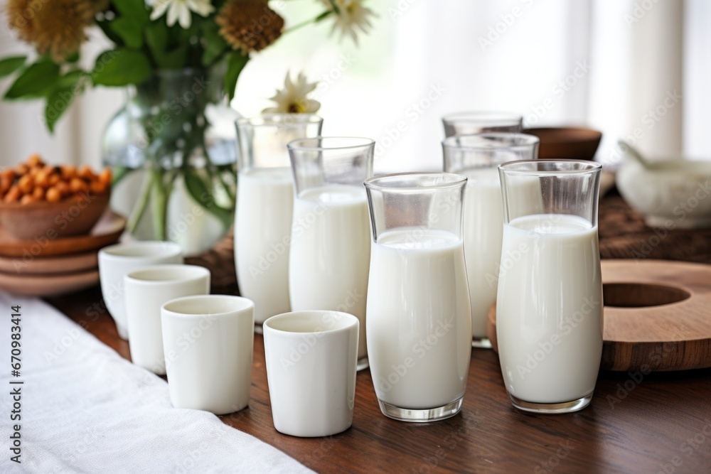 multiple coffee mugs and a milk bottle on breakfast table multiple coffee mugs and a milk bottle on breakfast table